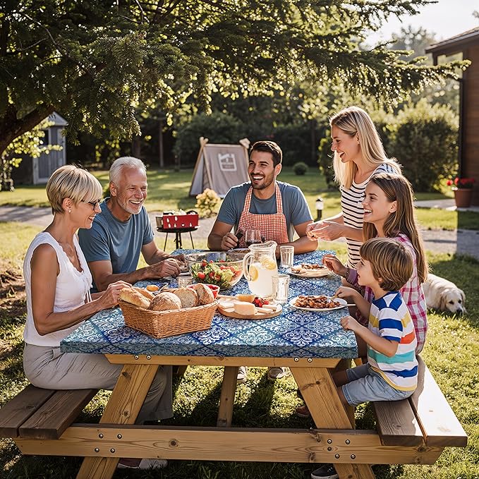 Fitted Waterproof Picnic Table Cover with Bench Covers Elastic Reusable Camping Table Cloths for 6Ft Rectangle Tables Summer Camp Motorhome Party Gear Outdoors Car Travel Trailer Gadgets Gift
