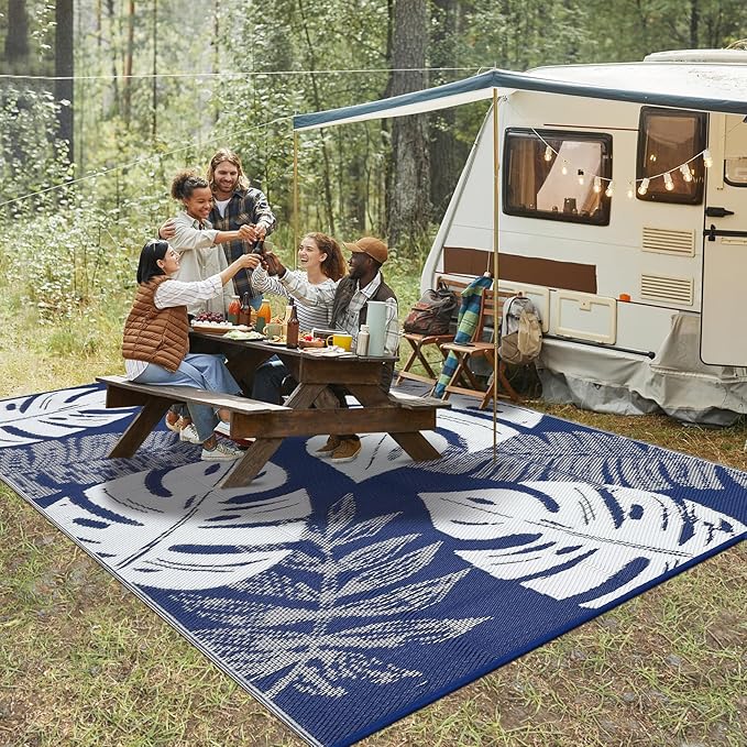 Waterproof Plastic Straw Outdoor Rug 9x18 Patio Reversible UV Resistant Foldable Camping Carpet Modern Leaf Print Large Outdoor Rugs for Deck, Porch, Camper, Balcony, Beach，Navy/White