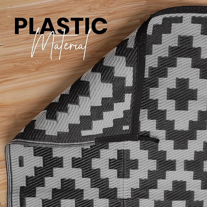 Utopia Home Waterproof Outdoor Rug for Patio 9 x 12 ft, Reversible Plastic Straw Mat for Camping, Picnics, Balcony, Patio, Diamond - Black & Grey