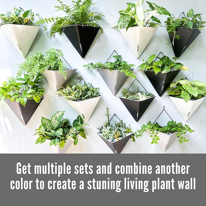 LaLaGreen Wall Planters - 4 Pack, 12 Inch Large Self Watering White and Gray Mixed Color Geometric Indoor Vertical Garden Plant Wall Hanging Flower Vase Vessel with Black Metal Hanger Modern Stylish