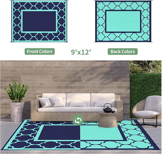 GENIMO 9 ' x 12 ' Outdoor Rug for Patio, Waterproof Indoor Outdoor Plastic Straw Rugs Carpet, Reversible Outside Area Mat for Camping, Balcony Porch, Deck, Picnic, Beach Navy Blue & Jade Green