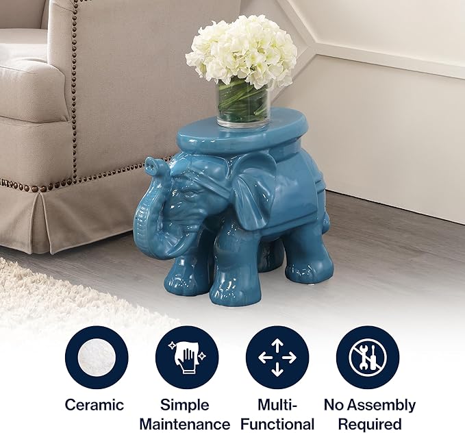 JONATHAN Y TBL1007D White Elephant 14.25" Ceramic Indoor/Outdoor Garden Stool Coastal, Contemporary, Transitional, Patio, Garden Room, Bathroom, Living Room, Blue