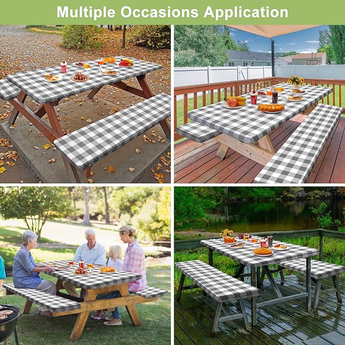 Picnic Table Cover with Bench Covers 6FT 3 Pcs Waterproof Windproof Aesthetic Camping Tablecloth with Drawstring Bag, Fitted for 6 Foot Rectangle Tables and Seats, 72 inch, White Grey Checkered