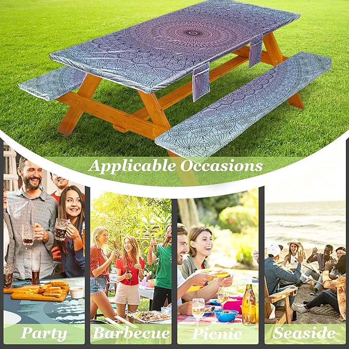 Picnic Table Cover with Bench Covers Vinyl Elastic Edges Fitted Rectangle Seat Tables Waterproof 3-Piece72X30in Set Outdoor Rectangular Folding Backing Tablecloth for Camping Over Size