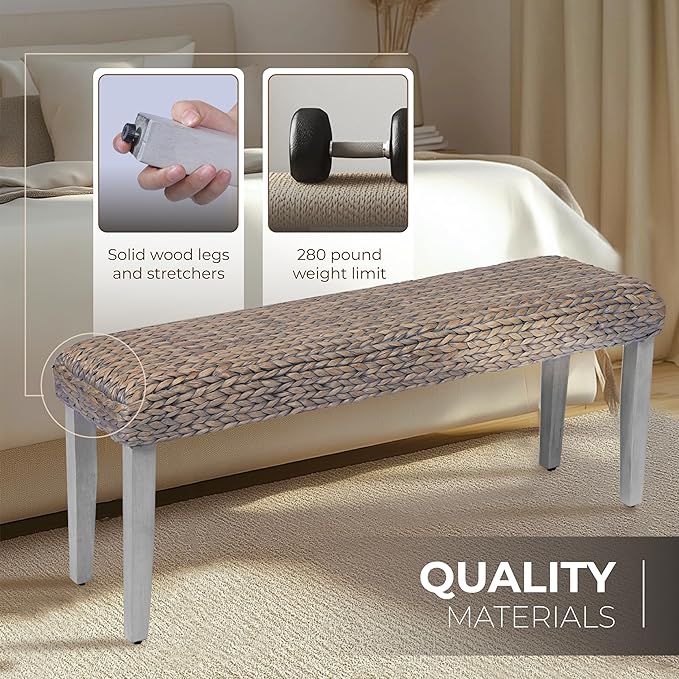 Farmhouse Indoor Solid Wood Acacia Benc with Natural Woven Benches Seat, Boho Bench Entryway, Wooden Bench for Bedroom End of Bed or Living Room or Vintage Entryway Bench Seat (Grey, Water Hyacinth)