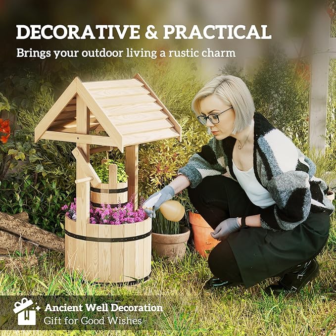 Outsunny Wooden Wishing Well Planter with Adjustable Hanging Bucket, Rustic Wishing Well for Outside, Decorative Flower Planter with Drainage Hole for Garden Patio, Natural Wood