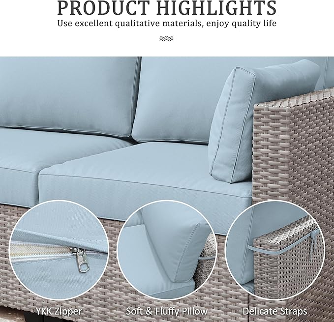 Outdoor Furniture Replacement Cushions, Waterproof Patio Furniture Cushions, 4" Deep Seat Outdoor Sectional Cushion for 3-Seat Outdoors Rattan Sofa Patio Sofa Cushion, Sky Blue