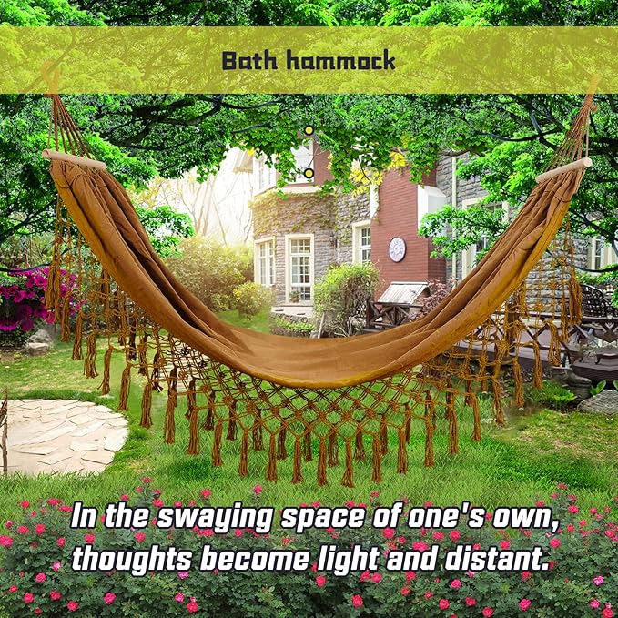 Beautiful Boho Style Hammock,Bohemian Outdoor Portable 1 Person Hammock,for Suitable for Patio, Beach, Garden,Wedding Decor (Khaki)