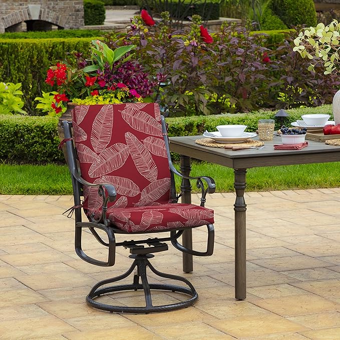 Arden 2-Pack Outdoor Patio Dining Chair Cushion, 20x44, Rain-Proof Seat Pad, Fade-Resistant Outdoor Cushion Red Leaf Palm