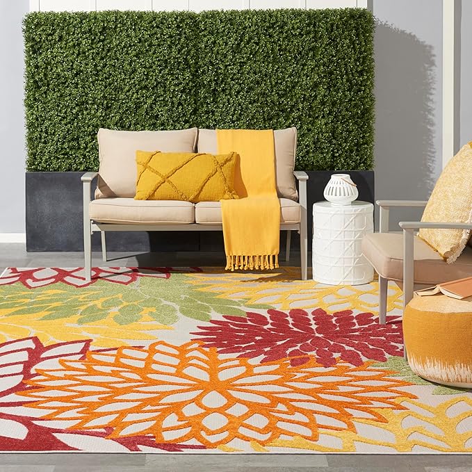 Nourison Home Aloha Indoor/Outdoor Red Multi Colored 7'10" x 10'6" Area Rug, Tropical, Botanical, Easy Cleaning, Non Shedding, Bed Room, Living Room, Dining Room, Deck, Backyard, Patio (8x10)