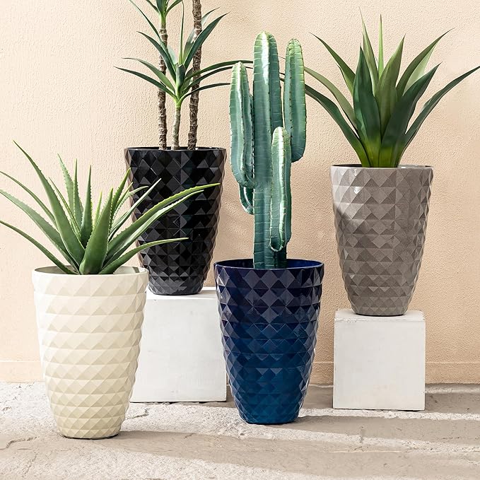 Glitzhome 19.75" H Tall Outdoor Planters Set of 2, Large Planters for Outdoor Plants, Oversized Textured Tall Planter with Drainage Holes, Decorative Round Flower Pots for Indoor Outdoor