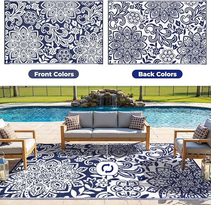 Findosom Waterproof Outdoor Rug 5' x 8' - Reversible Mandala Outdoor Plastic Straw Rug, Durable Foldable Patio Rug for RV, Deck, Balcony, Backyard, Picnic, Porch, Camping, Beach, Navy