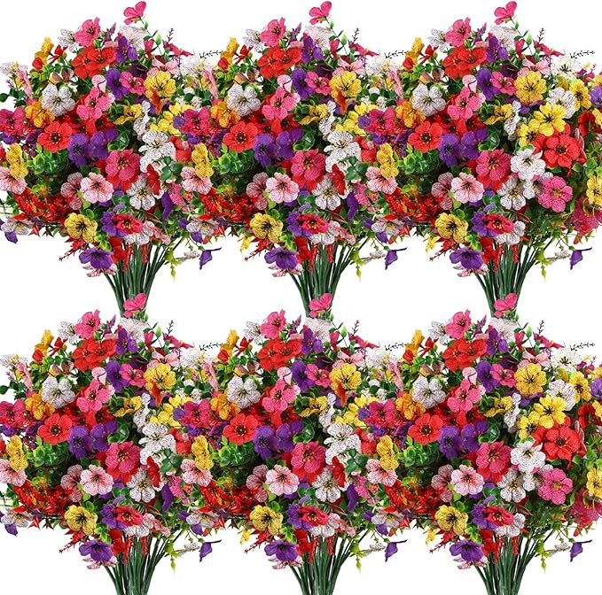 SHareconn 48 Bundles Artificial Flowers for Outdoors Decoration, Faux Plants Fake Silk Colorful Daisy Eucalyptus Lavender,UV Resistant for Outside Home indoor Spring Decor,RedRosyPurpleYellowPinkWhite