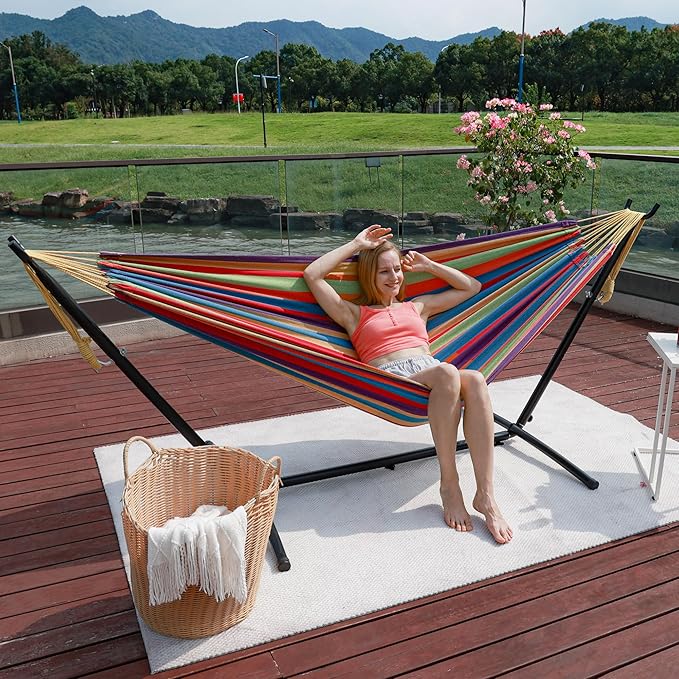 Hammock with Stand for Outside, Heavy Duty Space Saving Steel Stand with 450 lb Capacity,Double Hammock with Portable Carrying Bag, Hamacas para Adultos for Outdoors, Patio, Garden, Yard