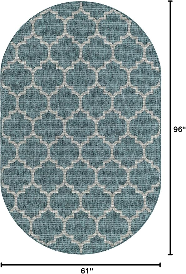 Unique Loom Outdoor Trellis Collection Area Rug (5' 1" x 8' Oval, Teal/ Gray)