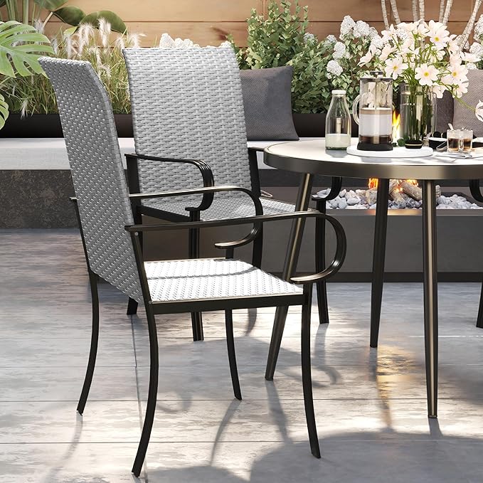 Outsunny Set of 4 Outdoor Wicker Dining Chairs, All-Weather Rattan Armchairs with Armrests, Steel Frame, High Back and Deep Seating, for Garden, Patio, Deck, Yard, Poolside, Gray