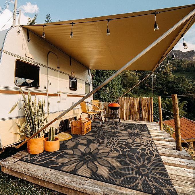 GENIMO Outdoor Rug Waterproof for Patio Decor, 10' x 14' Reversible Plastic Straw Floral Camping Carpet, Large Area Rugs Mats for RV, Camper, Deck, Balcony, Porch, Beach, Picnic, Black & Brown