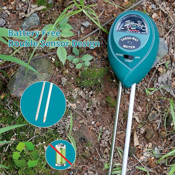MEASUREMAN 3-in-1 Soil Tester with Moisture/Light/pH Test for Plants, Gardening Tool for Indoor & Outdoor, Great for Gardens, Lawn, Farms, Balcony, No Batteries Required