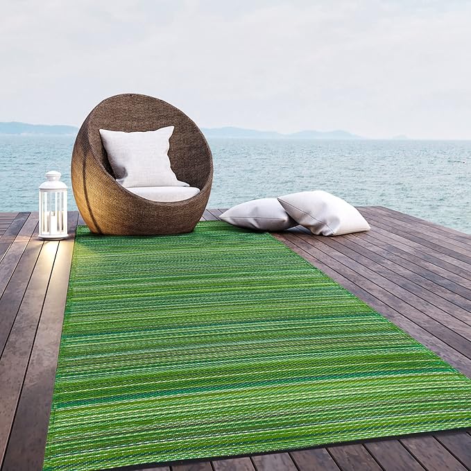 Fab Habitat Outdoor Rug - Waterproof, Fade Resistant, Crease-Free - Premium Recycled Plastic - Striped - Porch, Deck, Balcony, Mudroom, Laundry Room, Patio - Cancun - Green - 3 x 5 ft