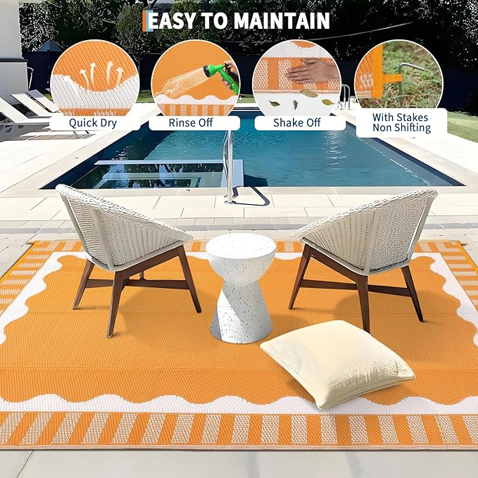 Outdoor Rug 8x10 Waterproof Patio Rugs Scalloped Border Reversible Mat for Front Door Rv Foldable Plastic Straw Carpet for Travel Trailers, Deck, Picnic, Porch, Camper, Balcony, Beach，Orange