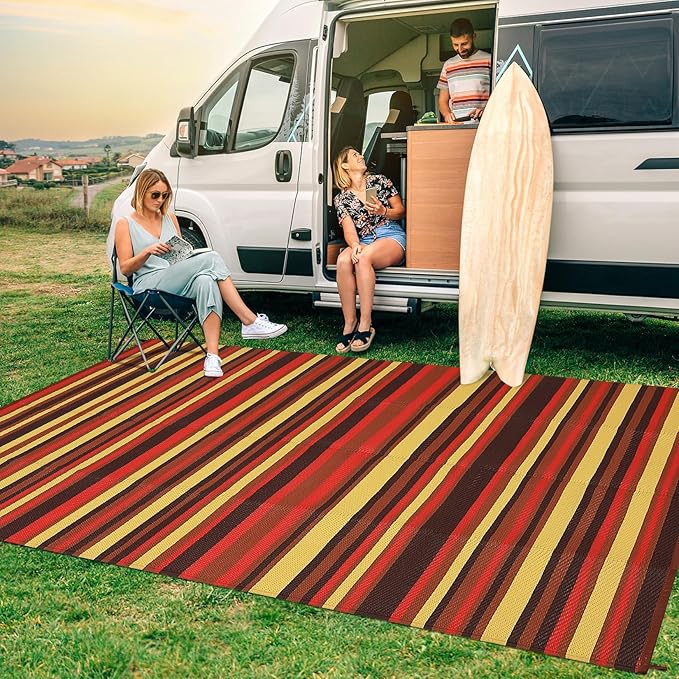 Waterproof Plastic Straw Outdoor Rug 9x18 Patio Reversible UV Resistant Foldable Camping Carpet Colorful Line Large Outdoor Rugs for Deck, Picnic, Porch, Camper, Balcony, Beach，Orange/Red