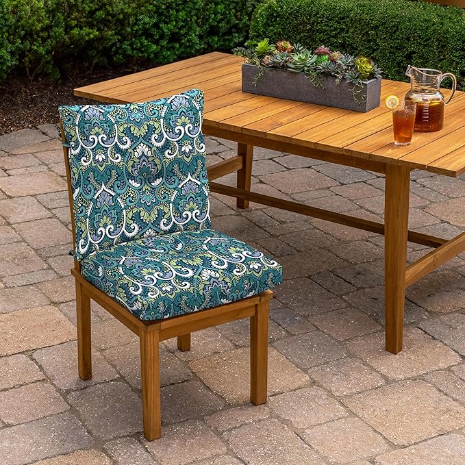 Arden Outdoor Plush Modern Tufted Blowfill Dining Chair Cushion, 21 x 40, Water Repellent, Fade Resistant, Tufted Cushion for Dining and Bistro Chairs, Sapphire Aurora Blue Damask