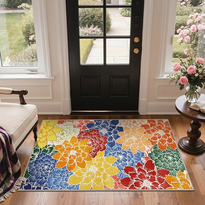 GENIMO Indoor Outdoor Area Rug for Entryway, 3'x5' Entry Rugs Door Mat, Machine Washable, Waterproof, Non-Slip, Easy Cleaning, Floral Outdoor Carpet for Patio Balcony Bedroom Kitchen Deck, Colorful