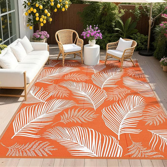 Pauwer Waterproof Outdoor Rug 9x12, Reversible Plastic Straw Patio Camping Rug, Indoor Outdoor RV Mat Carpet for Deck, Camper, Porch, Balcony, Backyard, Picnic, Leaf Orange