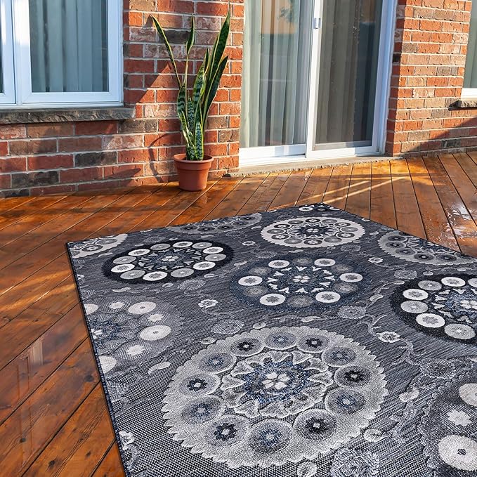 CAMILSON Indoor Outdoor Rug 6x9 Bohemian Medallion Floral Area Rugs for Indoor and Outdoor Patios Easy-Cleaning Non-Shedding Living Room Garden and Kitchen Washable Outside Carpet (6 x 9 / Navy)