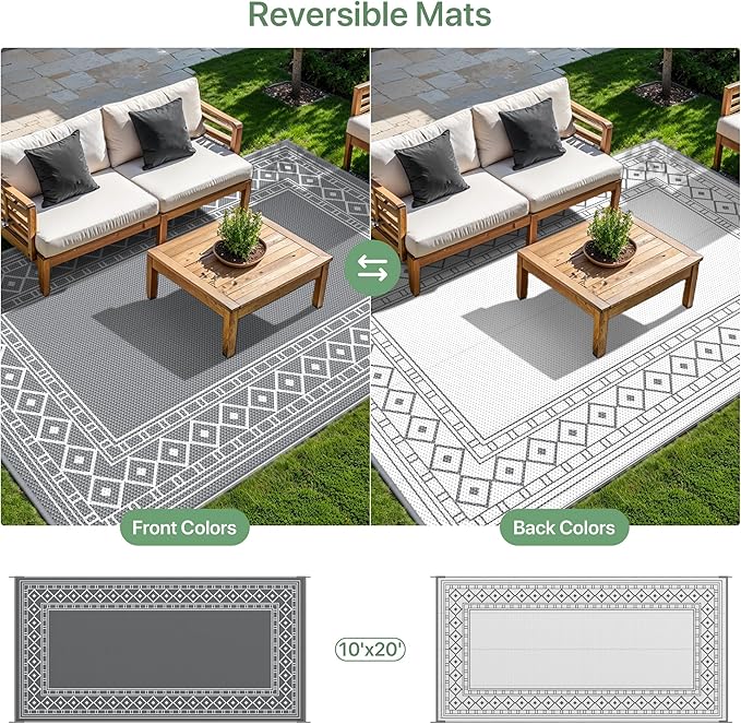 GENIMO Outdoor Rug Waterproof for Patio Decor, 10'x20' Foldable Reversible Plastic Straw Carpet, Outside Area Mat for Rv, Deck, Picnic, Porch, Camper, Balcony, Beach, Grey & White