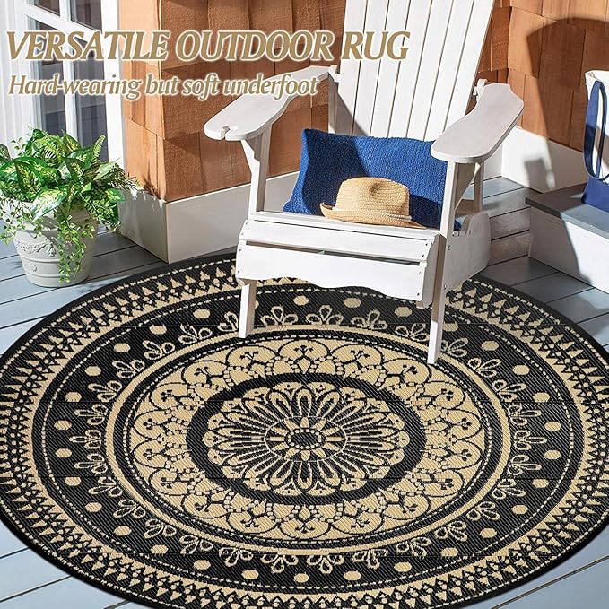 Cekene Round Outdoor Rugs Waterproof 6Ft Reversible Outdoor Patio Rugs Portable RV Camping Mats Lightweight Plastic Straw Rugs Outdoor Area Rug for Patio Picnic Beach BBQ, Black/Camel