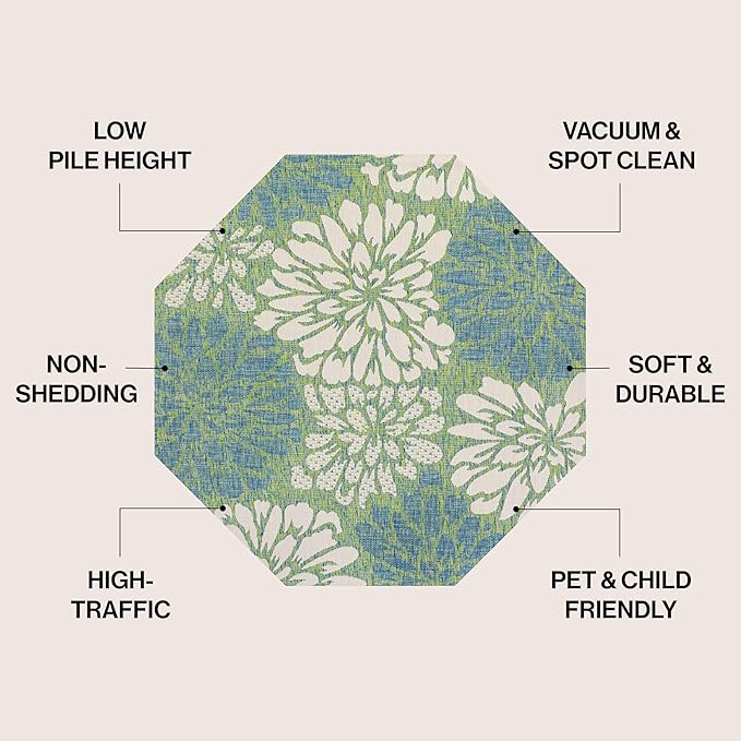JONATHAN Y Floral Textured Weave Indoor Outdoor Octagon Area Rug 5 Ft Cream/Green, Zinnia Modern for Backyard, Patio, Porch, Easy-Cleaning, High Traffic, Pet-Friendly, Non-Shedding (SMB110D-5TGN)