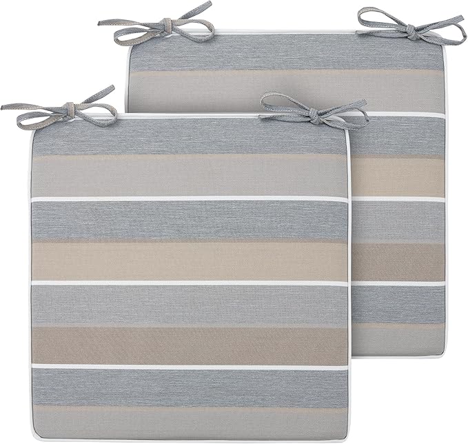 FUNHOME Indoor/Outdoor Chair Cushions Set of 2, 18 x 18 x 2.5 Inch Square Corner Outdoor Cushions for Patio Furniture,2 Packs Patio Chair Cushions with Ties-Grey Stripe