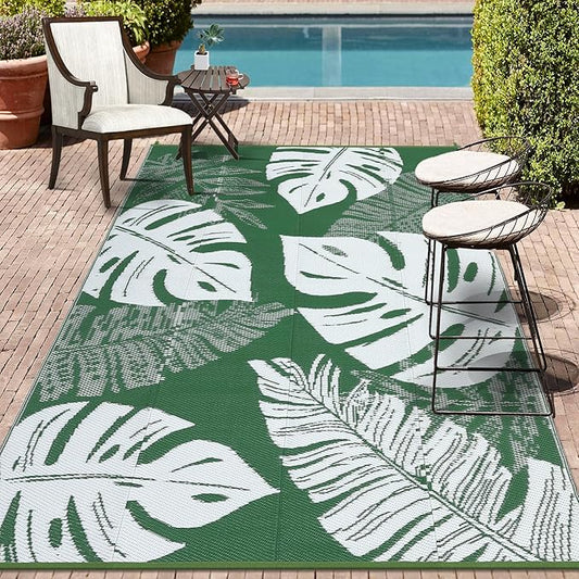 COZYLOOM Outdoor Patio Rug 9x12 Waterproof Outdoor Plastic Straw Rug, UV Resistant Reversible RV Camping Mat with Portable Bag & 4 Stakes, Modern Carpet for Balcony Deck Yard, Green
