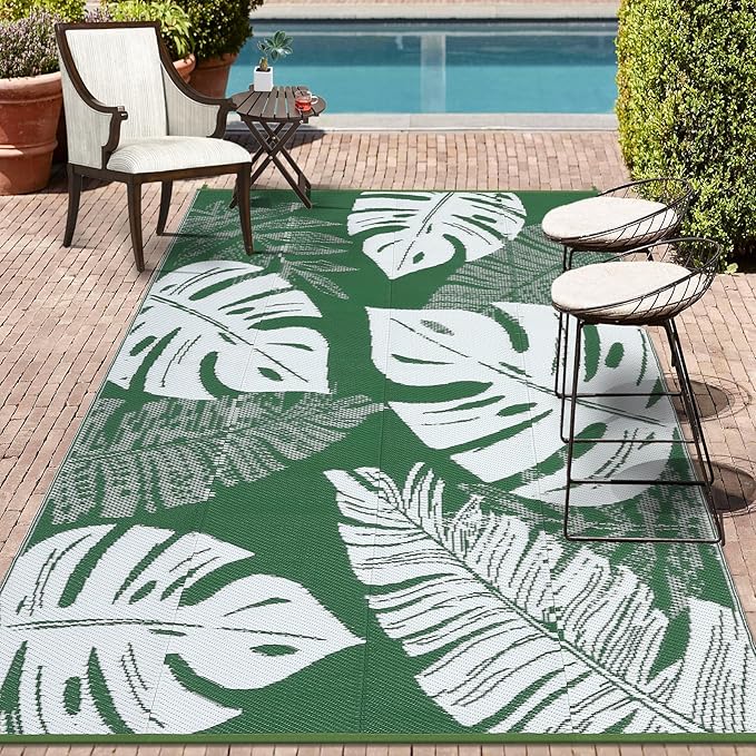 COZYLOOM Large Outdoor Rug 9x18 Waterproof Outdoor Plastic Straw Rug, Reversible Patio Rugs Modern Camping Mat with Portable Bag & Stakes, Foldable & UV Resistant Carpet for Yard Deck, Green