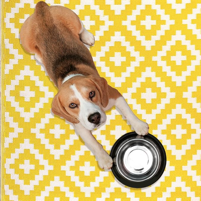 FH Home Outdoor Rug - Waterproof, Fade Resistant, Reversible - Premium Recycled Plastic - Geometric - Patio, Porch, Deck, Balcony - Aztec - Yellow & White Crease Free - 5 x 8 ft