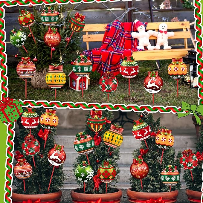 Zonon 12pcs Winter Garden Decorations Winter Snowflake Metal Planter Stakes for Patio Lawn Planter Pot Xmas Nutcracker Gingerbread Yard Stake Signs Outdoor Lawn Decor Party Favor(Ball)