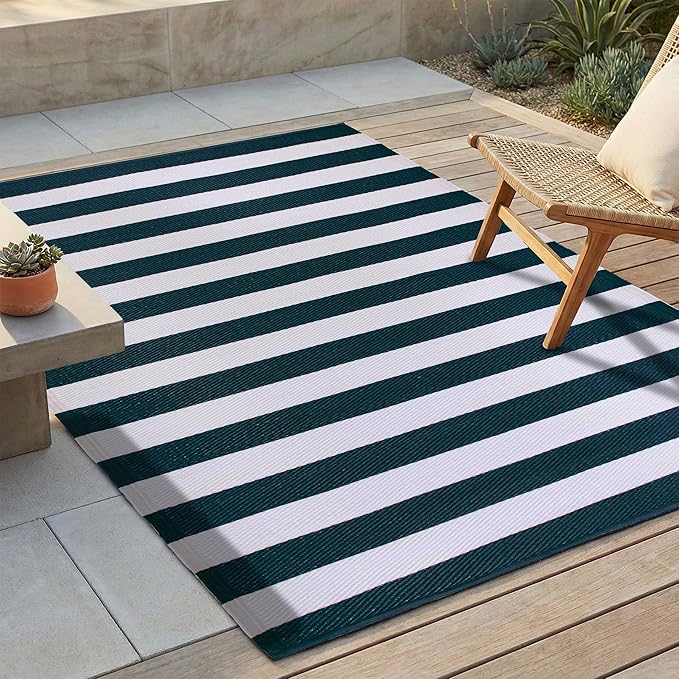FH Home Outdoor Rug - Waterproof, Fade Resistant, Reversible - Premium Recycled Plastic - Striped - Porch, Deck, Balcony, Mudroom, Laundry Room, Patio - Brittany - Blue & White Crease Free - 3 x 5 ft