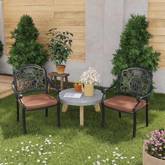 Garvee 2 Piece Patio Dining Chairs with Cushions, Outdoor All-Weather Cast Aluminum Chairs, Patio Bistro Dining Chair Set of 2 for Garden Deck Backyard, Dark Bronze