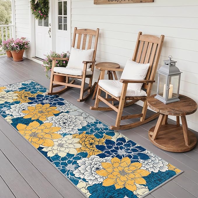 GENIMO 2.5’x8’ Indoor Outdoor Runner Rug for Hallway, Washable Waterproof Bedside Rugs, Non-Slip, Floral Mat Carpet for Patio, Living Room, Bedroom, Balcony, Kitchen, Deck, Porch, Navy Blue