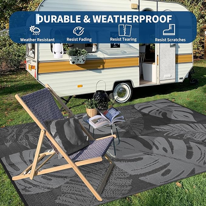 COZYLOOM Outdoor Plastic Straw Rug 9x12 UV Resistant Waterproof Patio Rug, Reversible RV Camping Mat with Portable Bag & 4 Stakes, Modern Outdoor Carpet for Balcony Deck Yard, Black&Grey