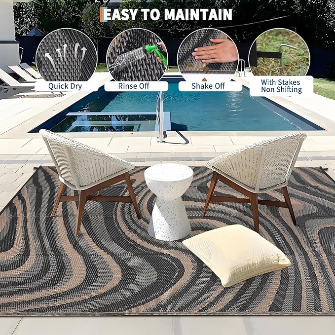 9x12 Outdoor Rug Waterproof Foldable Plastic Straw Carpet for Patio Porch Modern Abstarct Reversible Mat Lightweight Floor Mat for Picnic, Beach, Deck, Camper, Balcony，Black/Gray/Brown