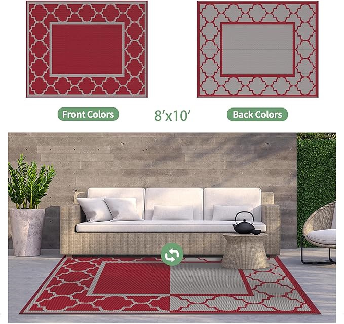 GENIMO 8' x 10' Outdoor Rug Waterproof for Patio Decor, Foldable Reversible Plastic Straw Area Rugs Mat for Camper, Outside Carpet for Rv, Deck, Porch, Picnic, Beach, Balcony, Red & Grey