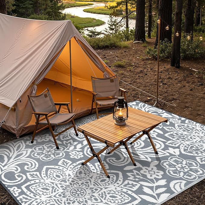 Findosom Waterproof Outdoor Rug 5' x 8' - Reversible Mandala Outdoor Plastic Straw Rug, Durable Foldable Patio Rug for RV, Deck, Balcony, Backyard, Picnic, Porch, Camping, Beach, Gray