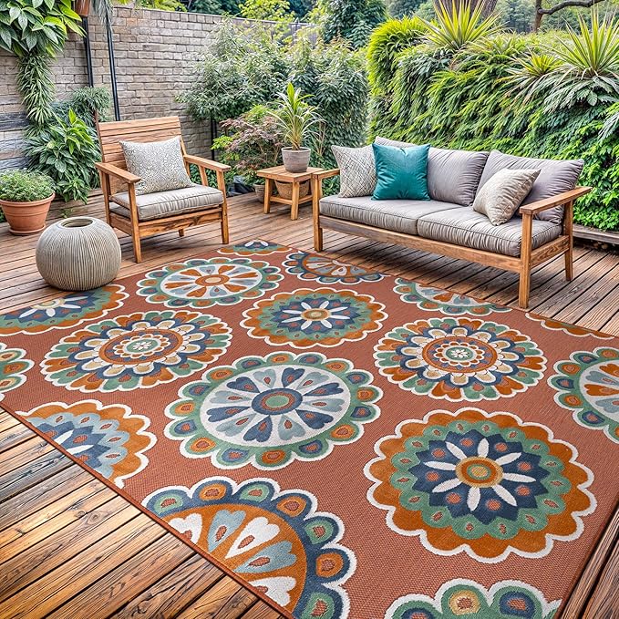 Outdoor Rug 9x12 Washable Area Rugs Indoor Outdoor Carpets Orange Bohemian Medallion Non Shedding Waterproof Easy Clean Patio Deck Porch Living Room Bedroom Garden RV (9 X 12 Orange)