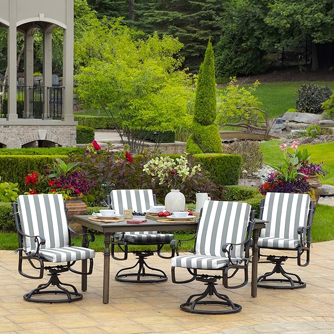 Arden Outdoor Patio Dining Chair Cushion, 20x44, Rain-Proof Seat Pad, Fade-Resistant Outdoor Cushion Stone Grey Cabana Stripe