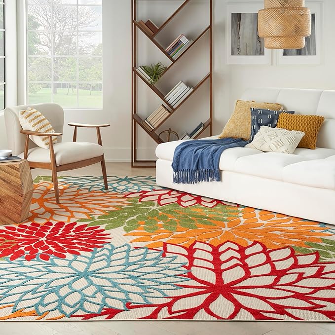 Nourison Home Aloha Indoor/Outdoor Green 9' x 12' Area Rug, Tropical, Botanical, Easy Cleaning, Non Shedding, Bed Room, Living Room, Dining Room, Deck, Backyard, Patio (9x12)