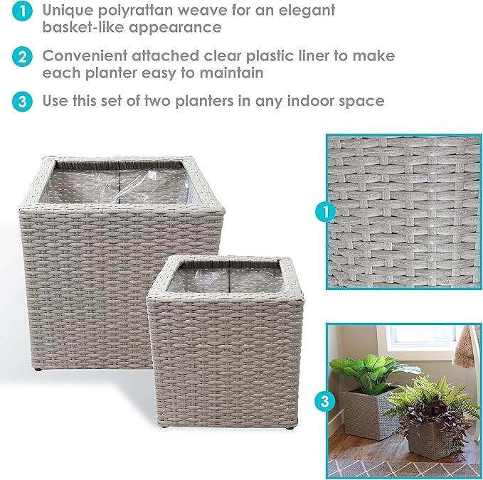 Sunnydaze Polyrattan Square Indoor Planters Set - Includes 14-Inch and 11-Inch Modern Decorative Planter - Features Attached Clear Polypropylene Liner - Gray