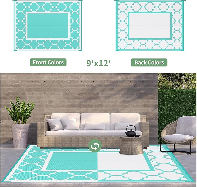 GENIMO 9 ' x 12 ' Outdoor Rug for Patio Clearance, Waterproof Indoor Outdoor Plastic Straw Rugs Carpet, Reversible Outside Area Mat for Camping, Balcony Porch, Deck, Picnic, Beach Aqua Blue & White