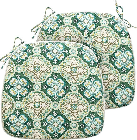 FUNHOME Outdoor Chair Cushions Set of 2, Water-Repellent Patio Seat Cushions D16xW17 Inch, Round Corner Patio Chair Pads with Tie, Seat Cushions for Furniture Garden Office Decoration, Green Medal